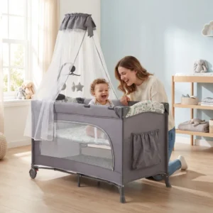 سرير أطفال من ماركة (Cool Baby) متنقل دورين قابل للطي مع ناموسية، ألعاب معلقة، وعجلات بفرامل - KDD7