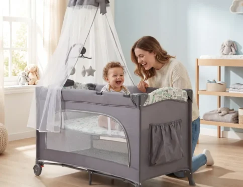 سرير أطفال من ماركة (Cool Baby) متنقل دورين قابل للطي مع ناموسية، ألعاب معلقة، وعجلات بفرامل - KDD7