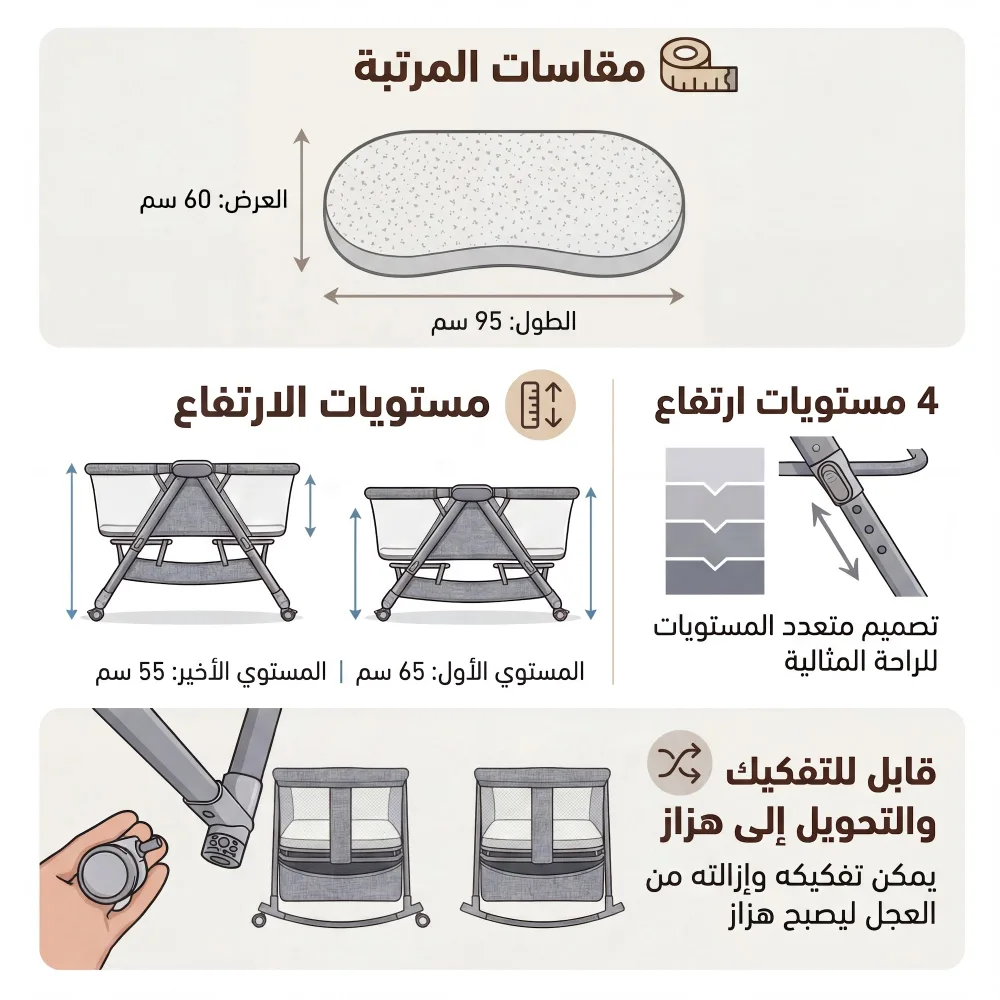 سرير أطفال ومهد قابل للتعديل NIVORRA مع شبكة ناموسية، 4 مستويات ارتفاع، خاصية الهزاز وسلة تخزين - سهل الطي - NB-3F