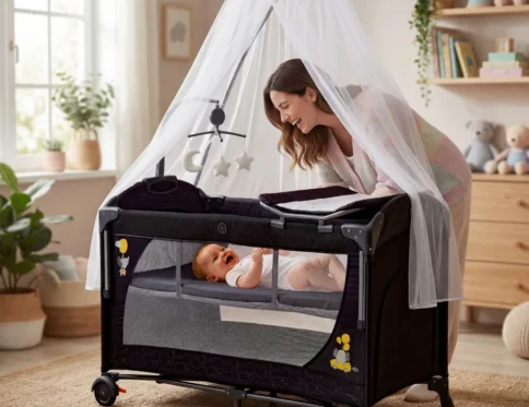سرير أطفال من ماركة (Cool Baby) متنقل وساحة لعب مع طاولة غيار وناموسية - تصميم قابل للطي بعجلات وجوانب شبكية للتهوية - مهد مواليد متعدد الوظائف - KDD12