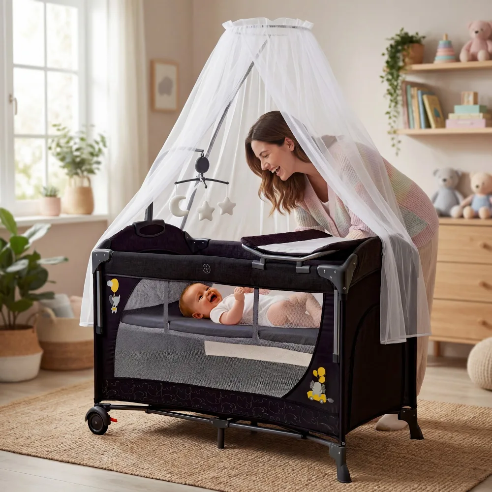 سرير أطفال من ماركة (Cool Baby) متنقل وساحة لعب مع طاولة غيار وناموسية - تصميم قابل للطي بعجلات وجوانب شبكية للتهوية - مهد مواليد متعدد الوظائف - KDD12