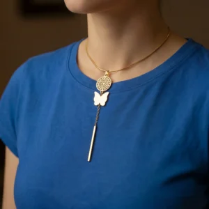 سلسلة لاريات نسائية بقلادات فراشة ودائرة هندسية - عقد طويل بقلادة عمودية وسلسلة مرنة ( الاستانلستيل ) - DH-75-2