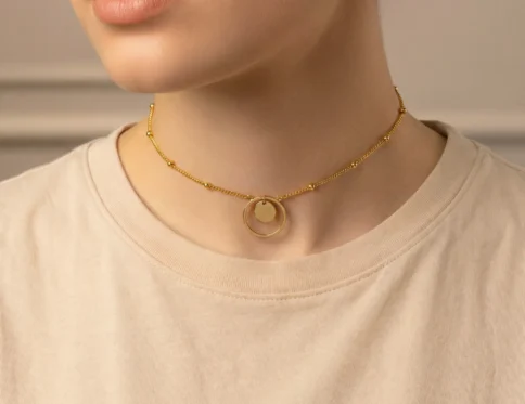 سلسلة بدلاية دائرية مزدوجة بتصميم عصري - عقد أنيق بخرز ناعم للسيدات والبنات ( الاستانلستيل ) - DHA-75-6