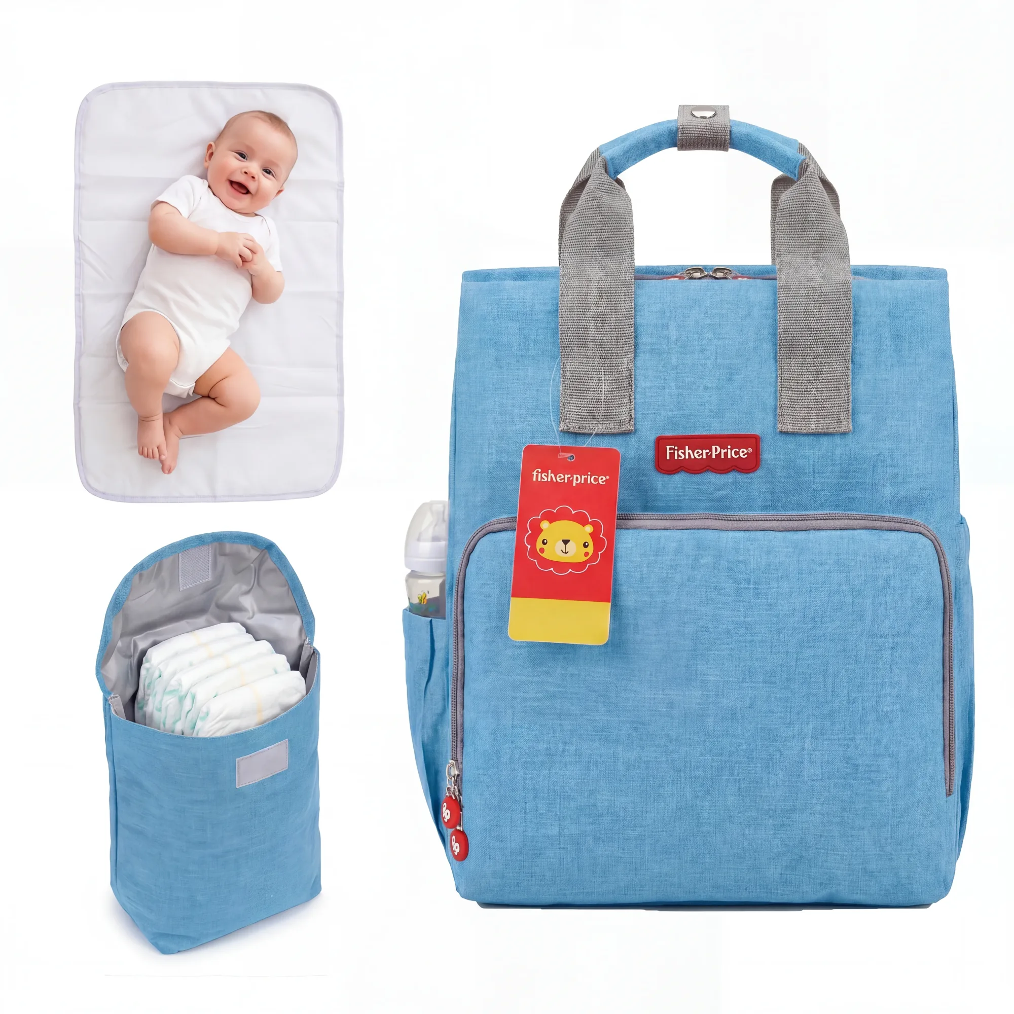 fisherprice-3 حقيبة ظهر مستلزمات الأطفال من فيشر برايس - حقيبة تنظيم متعددة الوظائف مع مفرش غيار محمول وحافظة ملحقات -