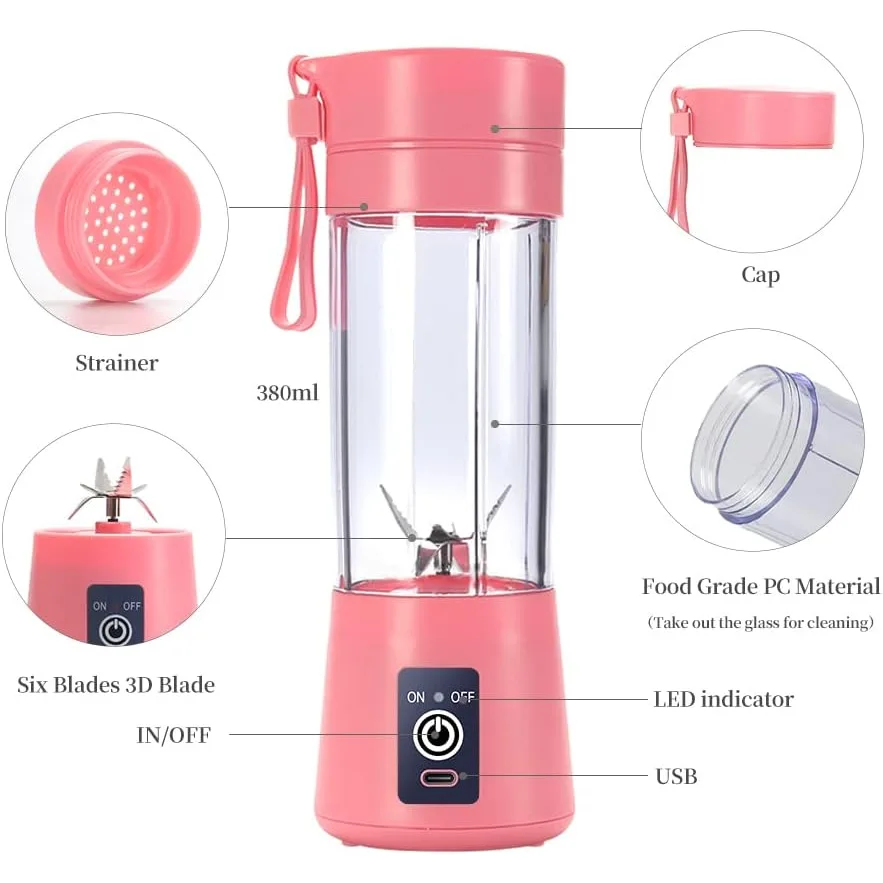 خلاط شخصي محمول للعصائر والسموثي - كوب خلط كهربائي 380 مل بـ 6 شفرات - قابل للشحن USB - مثالي للسفر والجيم وتحضير طعام الأطفال - HM-03