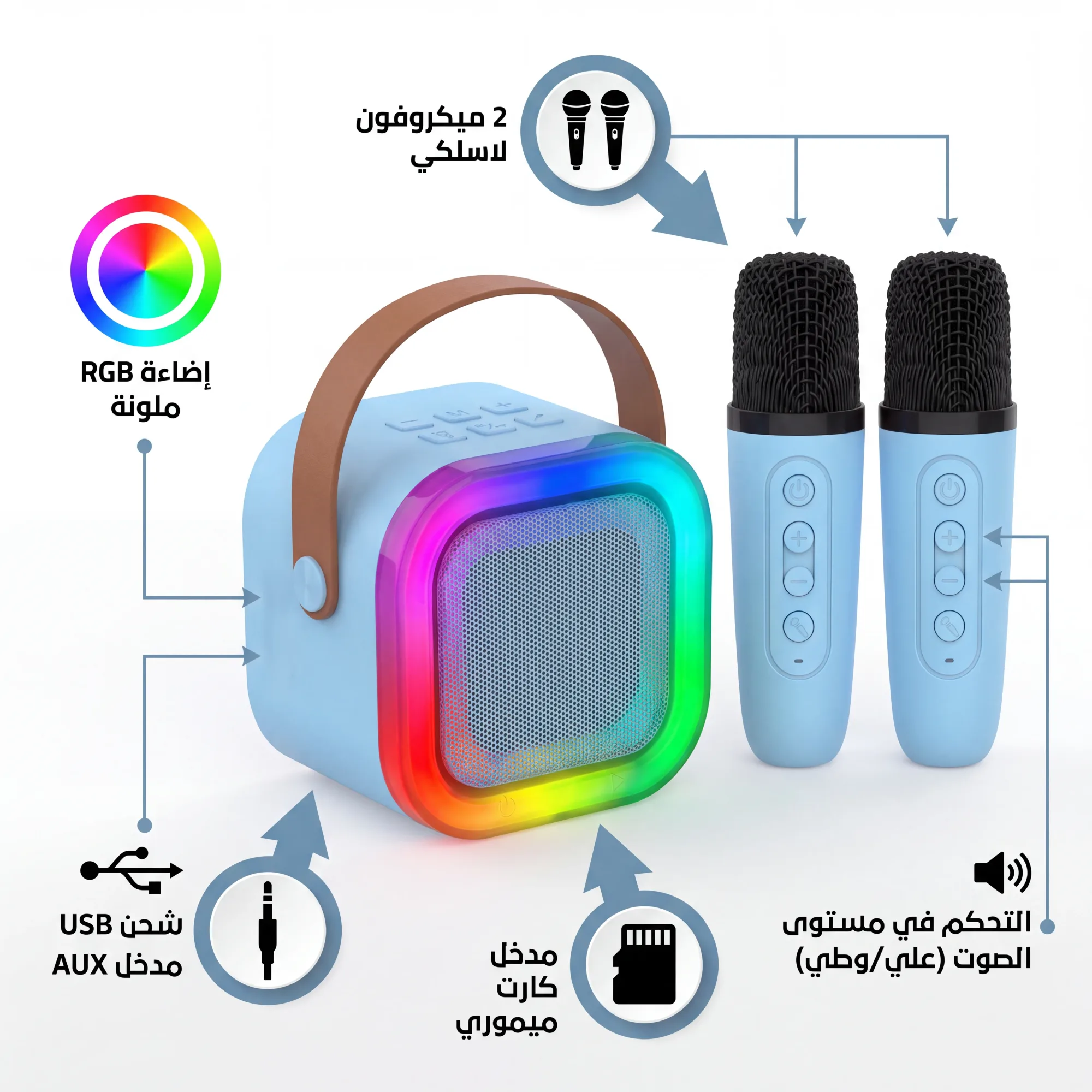 سماعة بلوتوث سبيكر MAS-323 مع 2 ميكروفون لاسلكي – إضاءة RGB ملونة – مدخل AUX وUSB وكارت ميموري TF – شحن Type-C