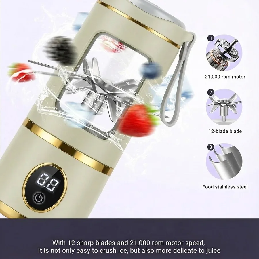 خلاط 450 مل - تصميم عصري بلمسات ذهبية و 12 شفرة فائقة القوة - شحن USB - عصارة رقمية محمولة للعصائر والسموذي - OU-1-151