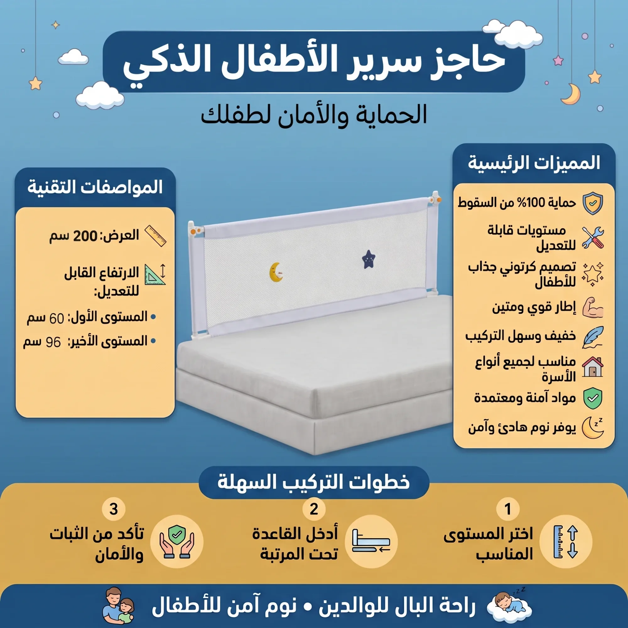 حاجز سرير للأطفال قابل للتعديل 200 سم - حماية من السقوط، تصميم كرتوني، تركيب سهل لجميع الأسرة SM-200